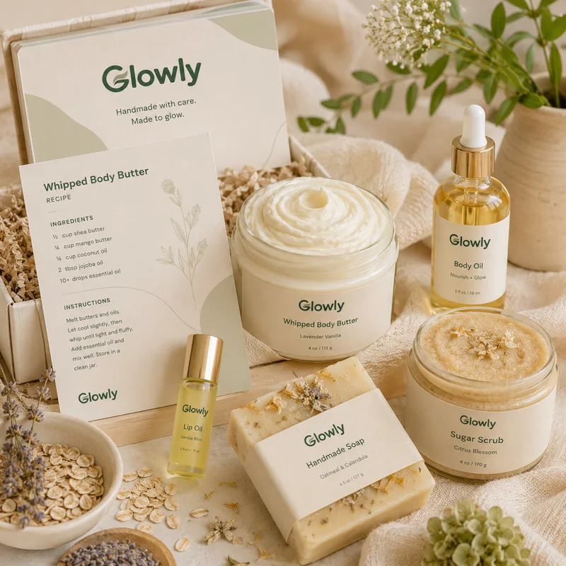 Glowly body-care collection with recipe card, body butter, oils, scrub, and soap