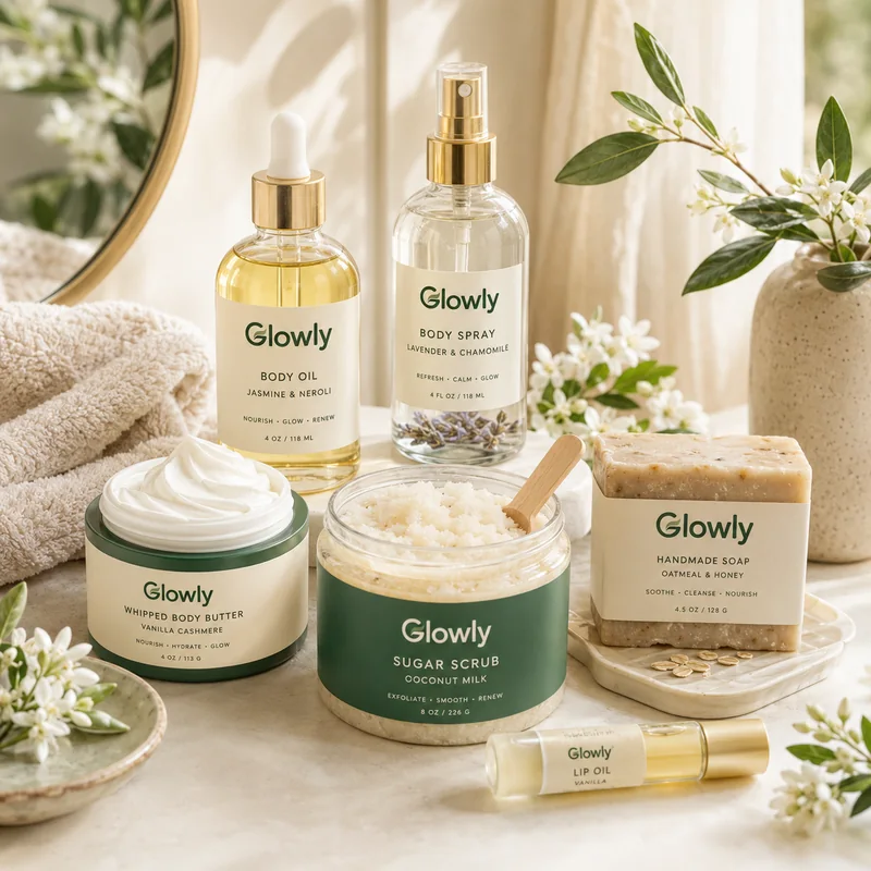Coordinated Glowly body butter, body oil, spray, scrub, lip oil, and soap collection