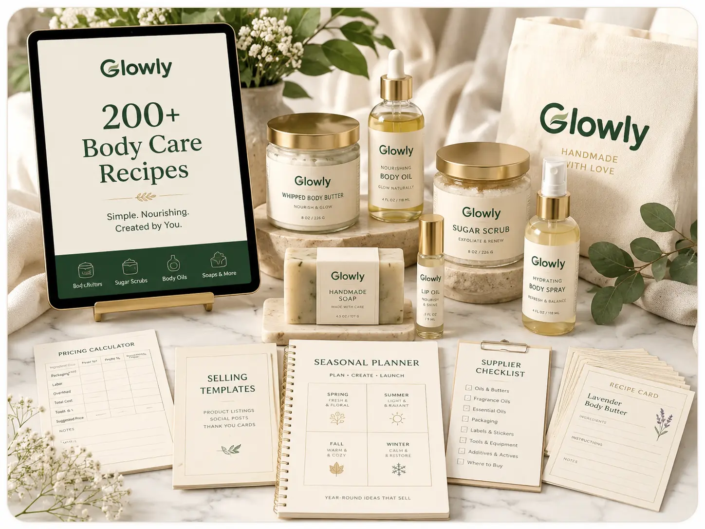 Complete Glowly body-care collection with 200-plus recipes and starter selling tools