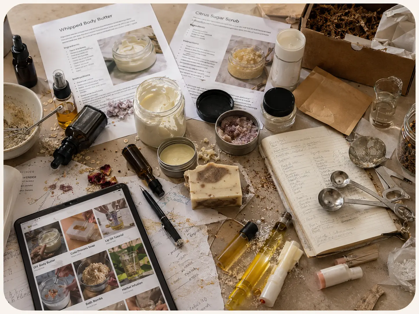 Scattered body-care tutorials, unfinished products, notes, ingredients, and tools