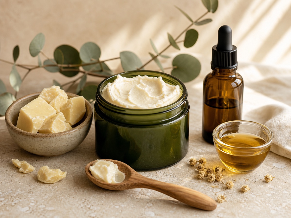 Shea and cocoa butter, nourishing oils, and a finished whipped body butter