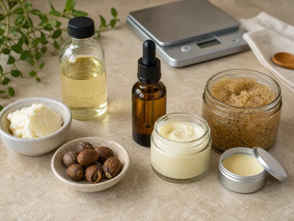Several homemade body-care products made from shared ingredients